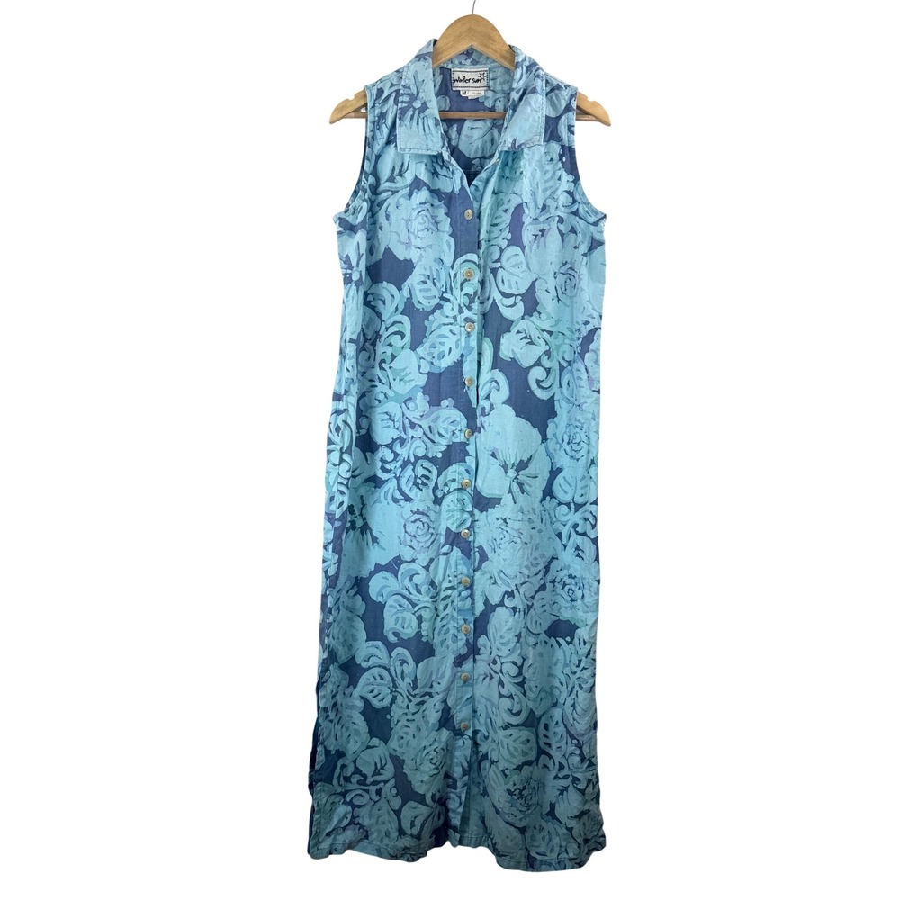 Winter Sun Maxi Dress M Blue Floral Batik 100% Linen Coastal Button beach boho